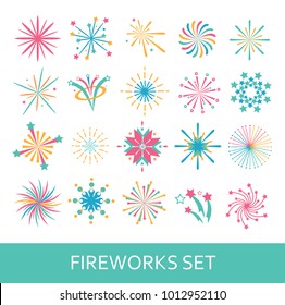 vector icon set of salute. colorful minimalistic different in form unusual explosions of fireworks. design elements for flyers, posters, gift cards and postcards.