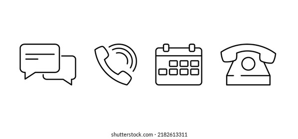 vector icon set. Scheduled meetings. Phone, messages, calendar. Set of four simple icons on white background.