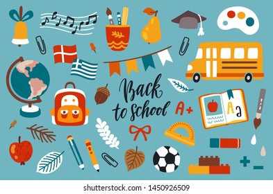 Vector icon set with school elements: yellow school bus, globe, ball, book, school bag, apple, stationery and autumn leaves. Back to school poster with hand written text. 