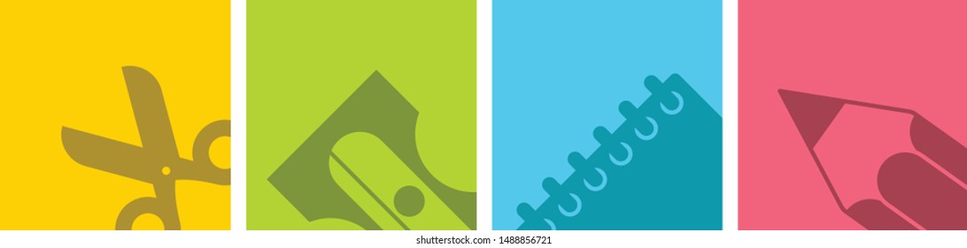 conjunto de iconos vectoriales de materiales escolares: tijeras, tijeras, agudos, cuaderno y lápiz de fondo amarillo, verde, azul y rosa