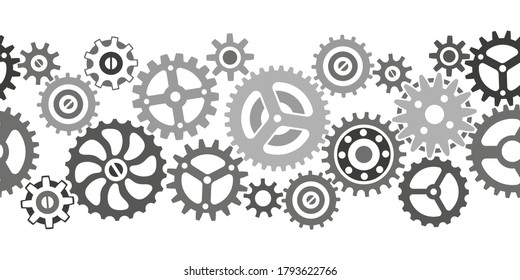 Vector icon set. Seamless banner. Silhouette image of seample mechanisms, wheels and gears isolated on a white background