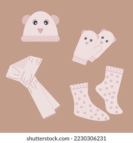 Icono vectorial de los calentadores de temporada para proteger la cabeza, el cuello, los pies y las manos. Sombrero de punto con boquilla y orejas de oso. Asustar. Mitten. Estilo plano. Recortar elementos de arte de clips para el diseño y la decoración.