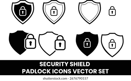 Um conjunto de ícones de vetor de símbolos de segurança. Ele inclui vários estilos de escudos e cadeados em preto e branco, ideais para representar proteção de dados, privacidade e segurança.