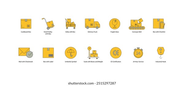 Ícone de vetor definido para operações de remessa e depósito. Apresenta símbolos de embalagem, como caminhões de entrega, vidro frágil, correias transportadoras e ícones de equipamentos.