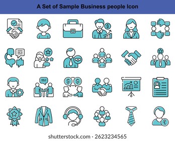 Vector icon set showcases various aqua business and management functions, including teamwork, presentation, communication, agreement, achievement, and financial growth with a clear, white background.