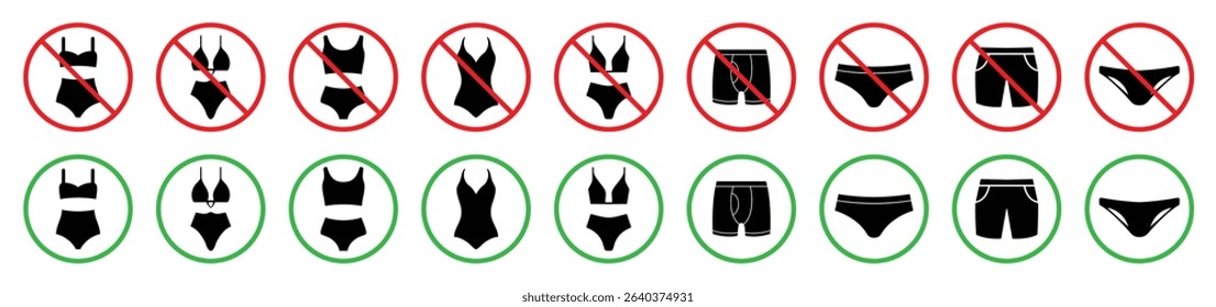 Vector icon set showing acceptable and unacceptable swimwear at a beach or pool. Includes approved and banned male and female swimsuit styles. Ideal for signs and safety guidelines.