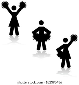 Vector icon set showing a black and white woman stick figure doing different cheerleading poses