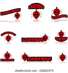 Vector icon set showing a black and red ladybug combined with different variations of the word ladybug