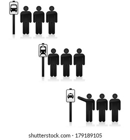 Vector icon set showing a bus stop, as well as a train and taxi stops