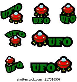 Vector icon set showing a cartoon alien ship combined with different representations of the word UFO