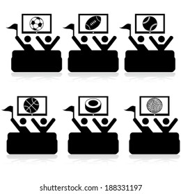 Vector Icon Set Showing A Couple Of People Watching Different Sports On TV