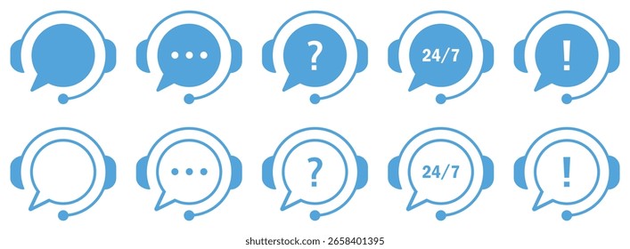 Vector icon set showing customer service headsets with chat bubbles, question marks, 24 7 support, and alert symbols. Suitable for support, hotline, or technical service illustrations.