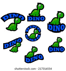 Vector icon set showing a cute cartoon dinosaur combined with different representations of the word dino