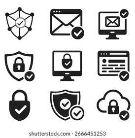 Conjunto de iconos de Vector que muestra la seguridad cibernética, la privacidad y la protección de datos con un estilo mínimo.
