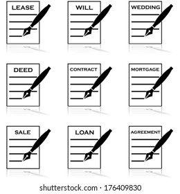 Vector icon set showing different types of documents being signed