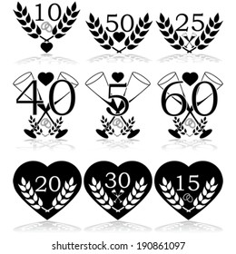 Vector icon set showing different wedding anniversary celebration icons for various years