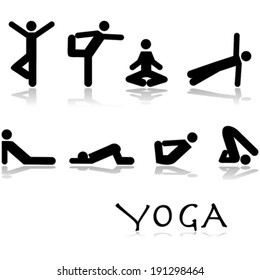 Vector icon set showing different yoga poses performed by stick figures