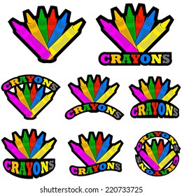 Vector icon set showing different colored crayons arranged with different variations of the word crayons