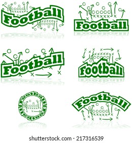 Vector icon set showing drawings from a football tactic board, paired with different representations of the word football