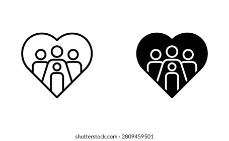A vector icon set showing a family group silhouette inside a heart shape, representing love, community, and social support for a variety of digital design projects.