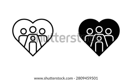 A vector icon set showing a family group silhouette inside a heart shape, representing love, community, and social support for a variety of digital design projects.