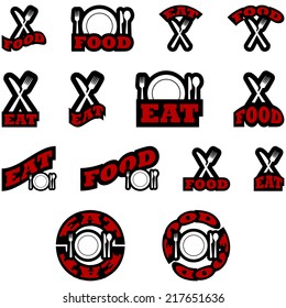 Vector icon set showing a fork and a knife, or a plate with cuttlery, combined with different variations of the words eat and food