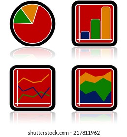 Vector icon set showing four different colorful types of graphs