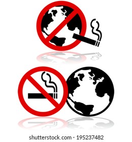 Vector icon set showing the globe combined with a no smoking sign