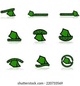 Vector icon set showing a green tent combined with different variations of the word camping