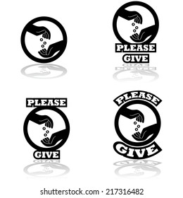 Vector icon set showing a hand dropping some coins on an open hand, indication donations