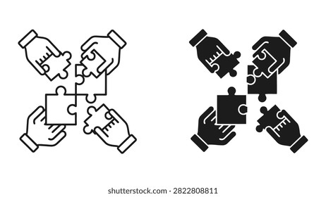 A vector icon set showing hands connecting puzzle pieces, representing teamwork, collaboration, and problem solving.