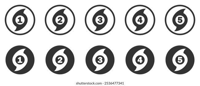 Vektorsymbolsatz mit den Hurrikankategorien 1 bis 5, der die Sturmschweregrade darstellt. Ideal für Wetter- und Notfallplanung.