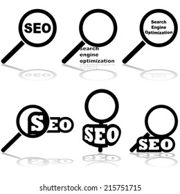 Vector icon set showing a magnifying glass paired with the words 'Search Engine Optimization' and 'SEO' 