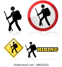 Vector icon set showing a man hiking carrying a backpack and a stick