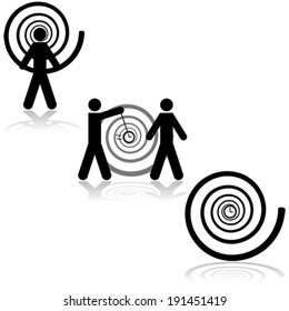 Vector icon set showing a man being hypnotized, another hypnotizing someone and a clock with a hypnosis spiral around it