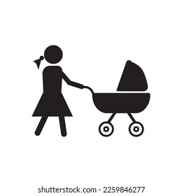 Vector icon set showing a man and a woman pushing a stroller around