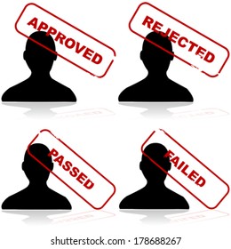 Vector icon set showing the outline of a person and different stamps showing acceptance or rejection
