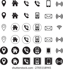Conjunto de iconos de Vector EPS 10 que muestra el contorno y las versiones sólidas de los símbolos de comunicación, como el teléfono, el correo electrónico, el hogar, el pin de mapa, el teléfono inteligente y la señal inalámbrica. Perfecto para Web, App y diseño de interfaz.