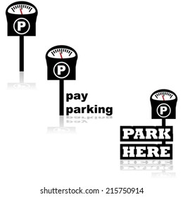 Vector icon set showing a parking meter and messages about pay parking