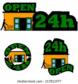 Vector icon set showing a person entering a store and the words Open 24h combined with it