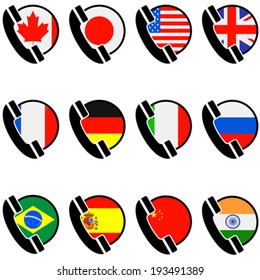 Vector icon set showing a phone handset along with flags for different countries