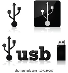 Vector icon set showing the sign for USB devices, as well as a memory stick beside the word USB