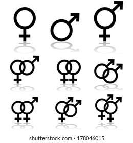 Vector icon set showing signs for males, females and transgendered people, and the relationships between them