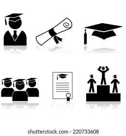 Conjunto de iconos de Vector que muestra a los estudiantes graduándose de la escuela o la universidad