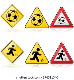 Vector icon set showing traffic signs with a soccer ball or with a man playing soccer