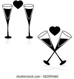 Vector icon set showing two champagne glasses with a heart in between them