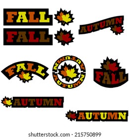 Vector icon set showing two maple tree leaves beside the words 'Fall' and 'Autumn'