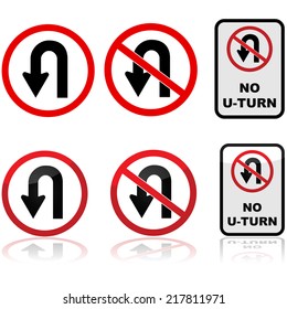 Vector icon set showing U-turn signs alongside versions of No U-turn allowed