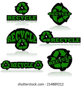 Vector icon set showing the word 'Recycle' and the recycling symbol grouped together in different ways