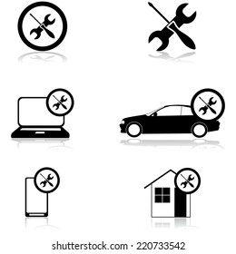 Vector icon set showing a wrench and a screwdriver paired with a computer, a phone, a car and a house